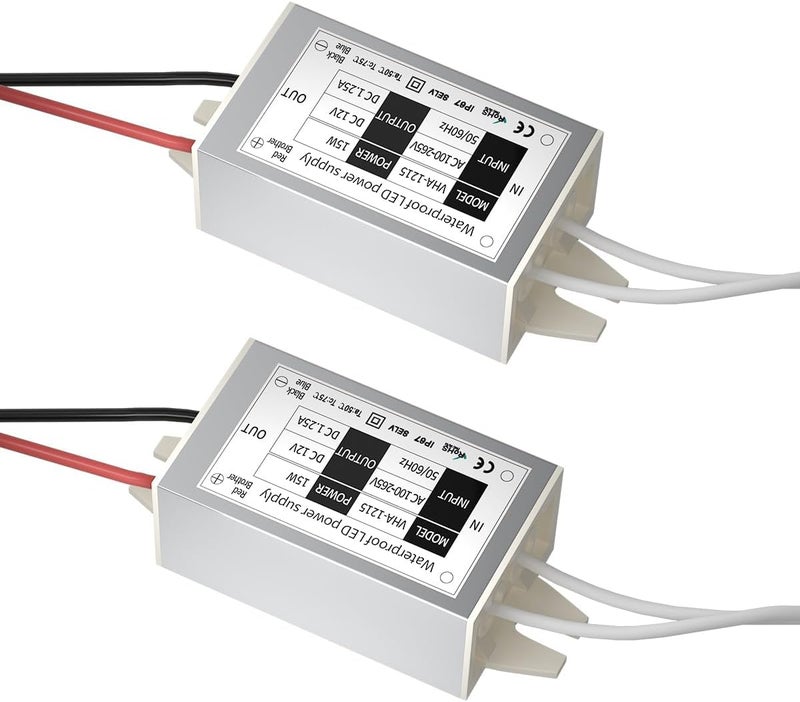 Klarlight 15W DC 12V Waterproof IP67 LED Driver Transformer, 110V AC to 12V DC Converter for Outdoor LED Lights (Pack of 2) - Image 1